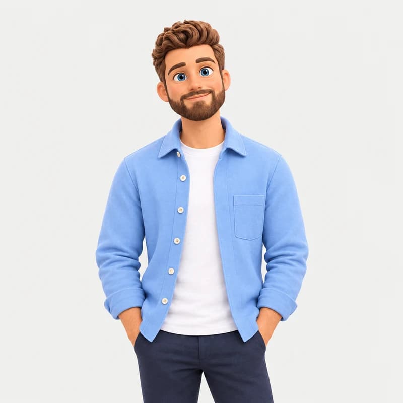 3D-Porträt von Dominique mit braunen Haaren, Bart und hellblauem Hemd